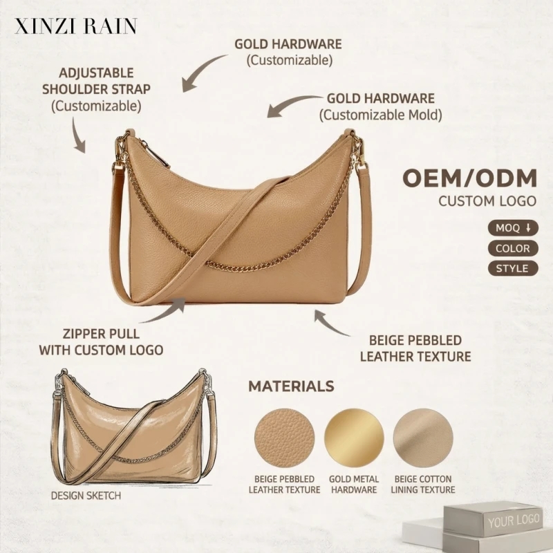 Custom Pebbled Leather Crossbody Bag with Chain Strap | OEM & ODM Manufacturer