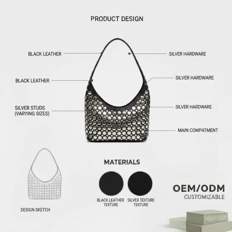 Custom Leather Studded Bag Manufacturer – Black Studded Shoulder Handbag OEM/ODM