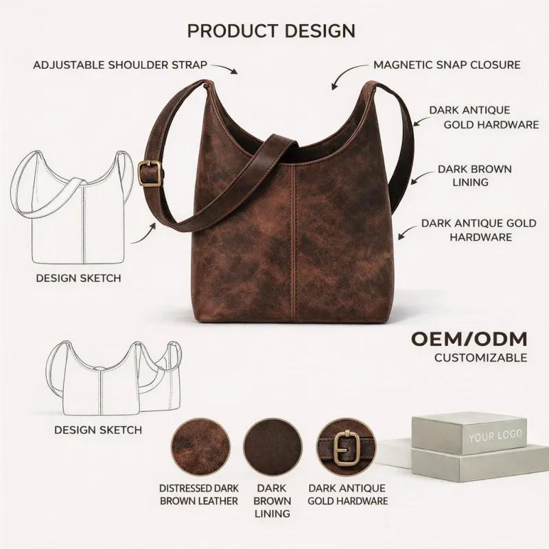 Custom Leather Shoulder Bag Manufacturer | Vintage Distressed Brown Leather Hobo Bag