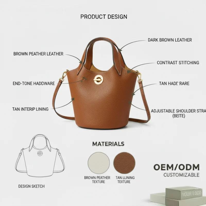 Custom Leather Bucket Handbag Manufacturer – Brown Pebbled Leather, Adjustable Strap-XINZIRAIN